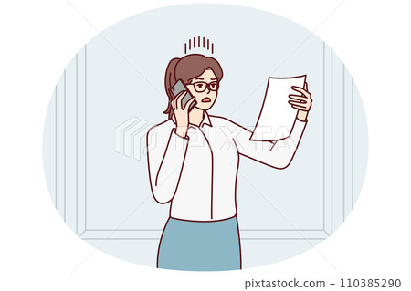Discouraged woman in business attire with phone reading document and nervous about. Vector image 110385290
