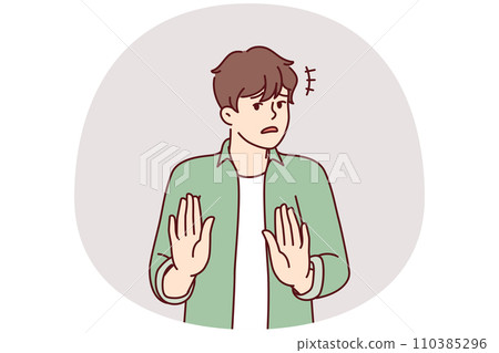 Puzzled man stretches out hands calls to stop or stop politically incorrect actions. Vector image 110385296