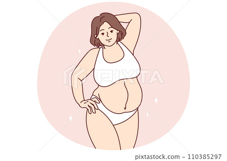Plus size woman in lingerie standing in relaxed position, not embarrassed by own body. Vector image 110385297