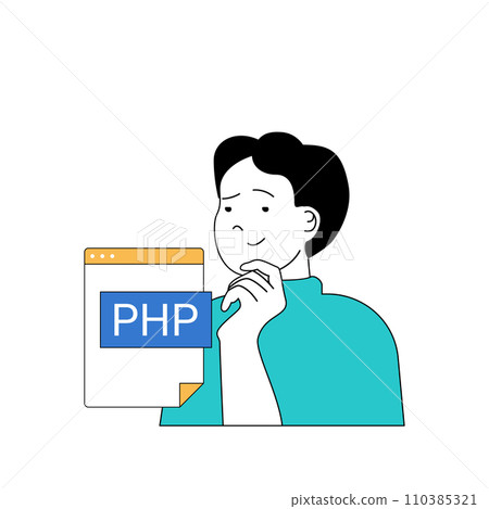 Programming concept with cartoon people in flat design for web. Man working with php code, engineering products and makes optimization. Vector illustration for social media banner, marketing material. 110385321