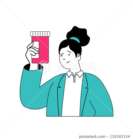 Medical concept with cartoon people in flat design for web. Woman works as pharmacist, consulting patients about pills in pharmacy. Vector illustration for social media banner, marketing material. Medical concept with cartoon people in flat design for web. Woman works as pharmacist, consulting patients about pills in pharmacy. Vector illustration for social media banner, marketing material. 110385334
