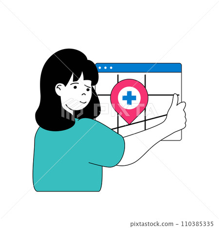 Medical concept with cartoon people in flat design for web. Woman works as nurse, consulting patients, giving location address at map. Vector illustration for social media banner, marketing material. Medical concept with cartoon people in flat design for web. Woman works as nurse, consulting patients, giving location address at map. Vector illustration for social media banner, marketing material. 110385335