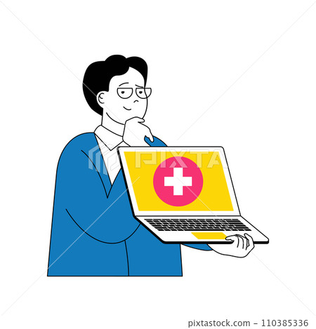 Medical concept with cartoon people in flat design for web. Man giving professional consultations online, diagnosis and treating. Vector illustration for social media banner, marketing material. Medical concept with cartoon people in flat design for web. Man giving professional consultations online, diagnosis and treating. Vector illustration for social media banner, marketing material. 110385336