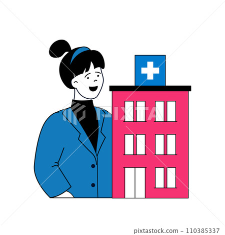 Medical concept with cartoon people in flat design for web. Woman working as doctor in hospital, diagnosis and treating patients. Vector illustration for social media banner, marketing material. Medical concept with cartoon people in flat design for web. Woman working as doctor in hospital, diagnosis and treating patients. Vector illustration for social media banner, marketing material. 110385337