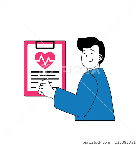 Medical concept with cartoon people in flat design for web. Man works as doctor cardiologist, making heart test and clinical research. Vector illustration for social media banner, marketing material. Medical concept with cartoon people in flat design for web. Man works as doctor cardiologist, making heart test and clinical research. Vector illustration for social media banner, marketing material. 110385351