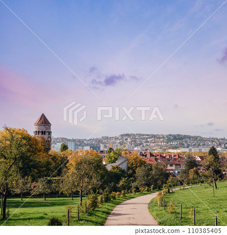 Germany, Stuttgart panorama view. Beautiful houses in autumn, Sky and nature landscape. Vineyards in Stuttgart - colorful wine growing region in the south of Germany with view over Neckar Valley 110385405