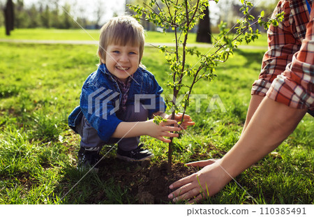 little boy helping his father to plant the tree while working together in the garden. little boy helping his father to plant the tree while working together in the garden. 110385491