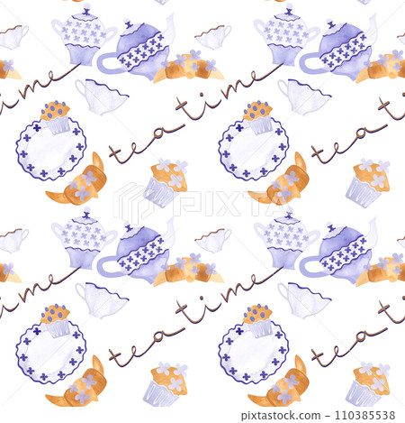 Breakfast: tea, coffee, croissants, muffins, kettle, cups. Seamless watercolor pattern on a white background. Breakfast: tea, coffee, croissants, muffins, kettle, cups. Seamless watercolor pattern on a white background. 110385538