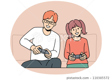 Smiling father daughter playing video games 110385572