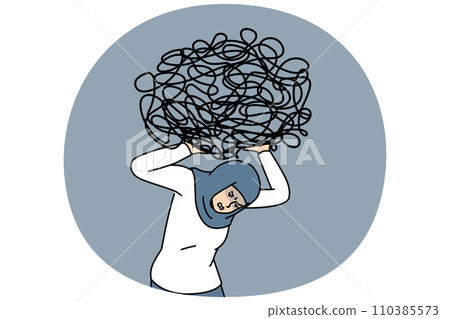 Arabic businesswoman carry heavy messy load 110385573