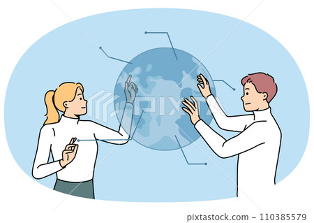 Businesspeople cooperate touch globe hologram 110385579