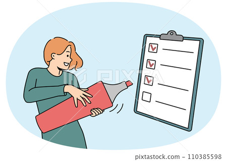 Smiling woman check box on paperwork 110385598