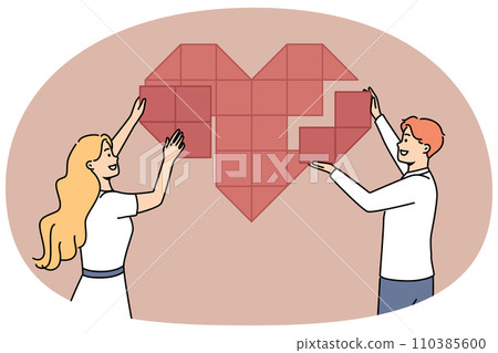 Smiling man and woman gather huge heart 110385600