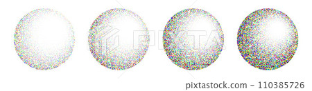 Round shaped dotted objects, vintage stipple elements. Fading gradient. Stippling, dotwork drawing, shading using dots. Colored disintegration effect. Noise grainy texture. Vector illustration 110385726