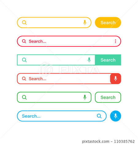 Colorful search bar templates. Internet browser engine with search box, address bar and text field. UI design, website interface element with web icons and push button. Vector illustration 110385762