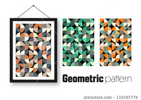 Picture frame with geometric trendy pattern, Bauhaus style. Modern background, simple elements. Retro texture, basic geometric shapes. Print design, minimalist poster cover. Vector illustration Picture frame with geometric trendy pattern, Bauhaus style. Modern background, simple elements. Retro texture, basic geometric shapes. Print design, minimalist poster cover. Vector illustration 110385778