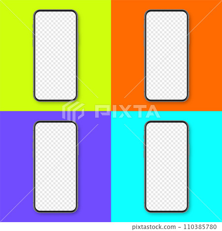 Realistic smartphone with blank touch screen on colorful background. Frameless mobile phone in front view. High quality detailed device mockup. Vector illustration 110385780