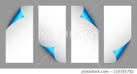 Set of blue paper curls. Curled page corner with shadow. Blank sheet of paper. Colorful shiny foil. Design element for advertising and promotion. Vector illustration. Set of blue paper curls. Curled page corner with shadow. Blank sheet of paper. Colorful shiny foil. Design element for advertising and promotion. Vector illustration. 110385782
