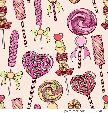 Cute Hand Drawn Lollipop Marshmallow Candy Sweets. Vector Desserts Seamless Pattern 110385859