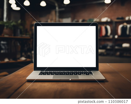 AI-generated content. Laptop screen mockup, white isolated empty computer screen, open laptop standing on table 110386017