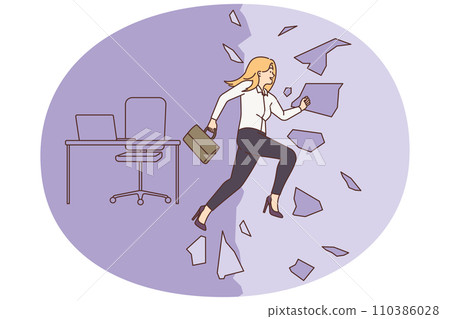 Happy businesswoman break wall quit job 110386028