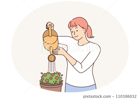 Smiling woman watering houseplant Smiling woman watering houseplant 110386032