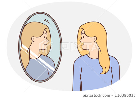 Smiling woman look in mirror see unhappy face Smiling woman look in mirror see unhappy face 110386035