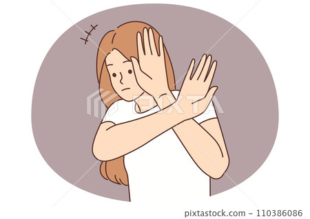 Scared woman make hand gesture 110386086