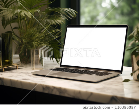 AI-generated content. Laptop screen mockup, white isolated empty computer screen, open laptop standing on table with tropical green plants AI-generated content. Laptop screen mockup, white isolated empty computer screen, open laptop standing on table with tropical green plants 110386087