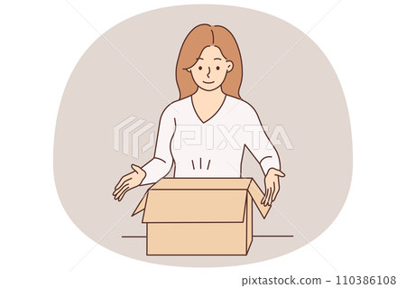 Smiling woman unpack box with order 110386108