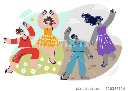 Dancing men and women experience different emotions from open-air disco on lawn. 110386114