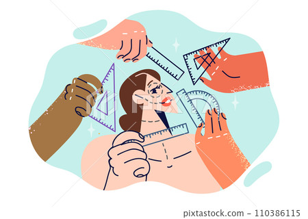 Face of woman who wants to have plastic surgery, near hands of doctors with rulers 110386115