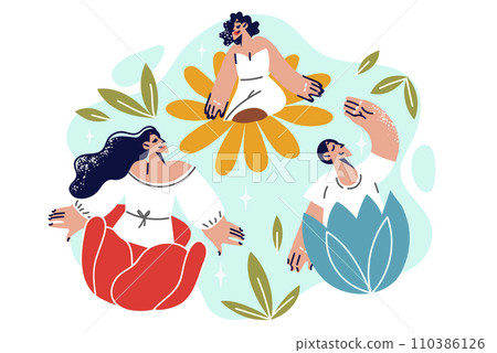 People feel happiness and harmony by sitting in buds of flowers, and demonstrating positive thinking 110386126
