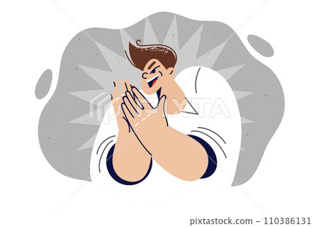 Angry teenage boy rubs palms having planned prank or managed to deceive school teacher and parents 110386131