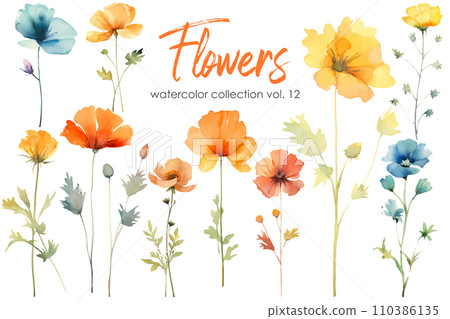 Watercolor painting of flowers and leaf. Hand drawn floral vector elements isolated on white background. 110386135