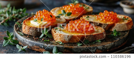 Sandwich with red caviar on a wooden table: a treat for connoisseurs of taste Sandwich with red caviar on a wooden table: a treat for connoisseurs of taste 110386196
