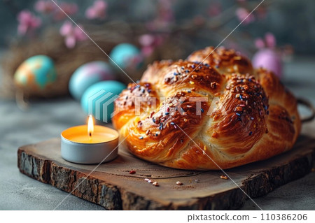 Easter cake and colorful eggs on a wooden table are a reminder of joyful traditions 110386206