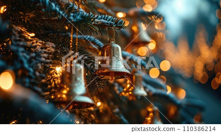 Golden bells decorate the Christmas tree with a garland, creating a magical holiday atmosphere Golden bells decorate the Christmas tree with a garland, creating a magical holiday atmosphere 110386214