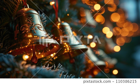Golden bells decorate the Christmas tree with a garland, creating a magical holiday atmosphere Golden bells decorate the Christmas tree with a garland, creating a magical holiday atmosphere 110386215