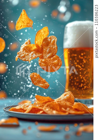 Potato chips float next to a glass of beer, standing out against the sky-blue background and creating a breathtaking view. Potato chips float next to a glass of beer, standing out against the sky-blue background and creating a breathtaking view. 110386223