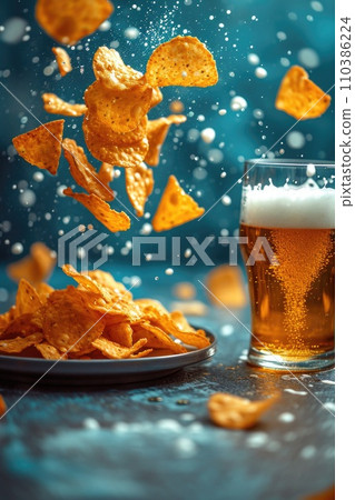 Potato chips float next to a glass of beer, standing out against the sky-blue background and creating a breathtaking view. Potato chips float next to a glass of beer, standing out against the sky-blue background and creating a breathtaking view. 110386224
