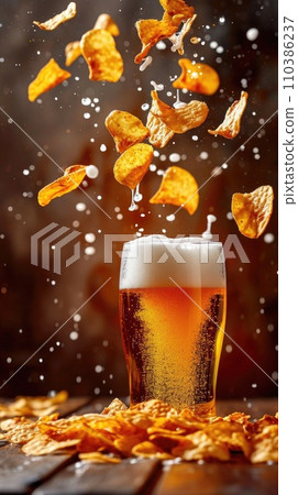 Chips levitating over a glass of beer in the air 110386237