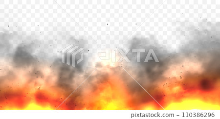 Realistic black smoke clouds and fire. Flame blast, explosion. Stream of smoke from burning objects. Forest fires. Transparent fog effect. Vector design element. Realistic black smoke clouds and fire. Flame blast, explosion. Stream of smoke from burning objects. Forest fires. Transparent fog effect. Vector design element. 110386296