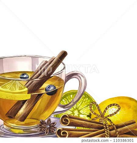 A frame with a transparent glass tea cup with lemon and cinnamon. A hand-drawn watercolor illustration. A hot, fragrant vitamin drink. For invitations, postcards, banners, packaging and menus. A frame with a transparent glass tea cup with lemon and cinnamon. A hand-drawn watercolor illustration. A hot, fragrant vitamin drink. For invitations, postcards, banners, packaging and menus. 110386301
