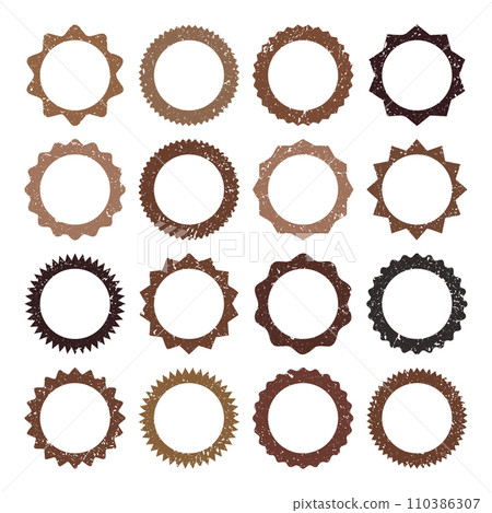 Post stamps, labels and badges. Grunge imprints and postmarks. Brown vintage circle postcard watermarks. Used envelope design elements. Vector illustration 110386307