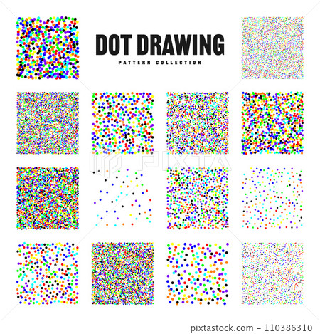 Square shaped dotted objects, vintage stipple elements. Stippling, dotwork drawing, shading using dots. Halftone effect. Colored noise grainy texture, pattern. Vector illustration. Square shaped dotted objects, vintage stipple elements. Stippling, dotwork drawing, shading using dots. Halftone effect. Colored noise grainy texture, pattern. Vector illustration. 110386310