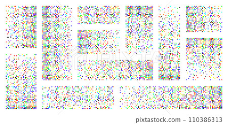 Pixel disintegration, decay effect. Various rectangular elements made of round shapes. Dispersed dotted pattern. Mosaic texture with simple particles. Colored noise. Vector illustration 110386313