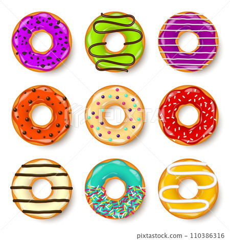 Donut, begel with cream. Cookies,cookie cake set. Sweet dessert with sugar and caramel. Tasty breakfast cooking. Cafateria food, snack. Coffee shop.Vector illustration. Donut, begel with cream. Cookies,cookie cake set. Sweet dessert with sugar and caramel. Tasty breakfast cooking. Cafateria food, snack. Coffee shop.Vector illustration. 110386316