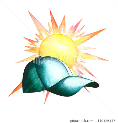 A blue cap under the sun. A hand-drawn watercolor illustration. The sun protection icon. For icons, posters, prints and flyers. For stickers, prints and cards. 110386317