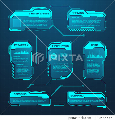 Blue futuristic HUD or UI elements. Sci-fi user interface text boxes, callouts. Warning message frames, information boxes template. Modern game interface layout in digital style. Vector illustration Blue futuristic HUD or UI elements. Sci-fi user interface text boxes, callouts. Warning message frames, information boxes template. Modern game interface layout in digital style. Vector illustration 110386356